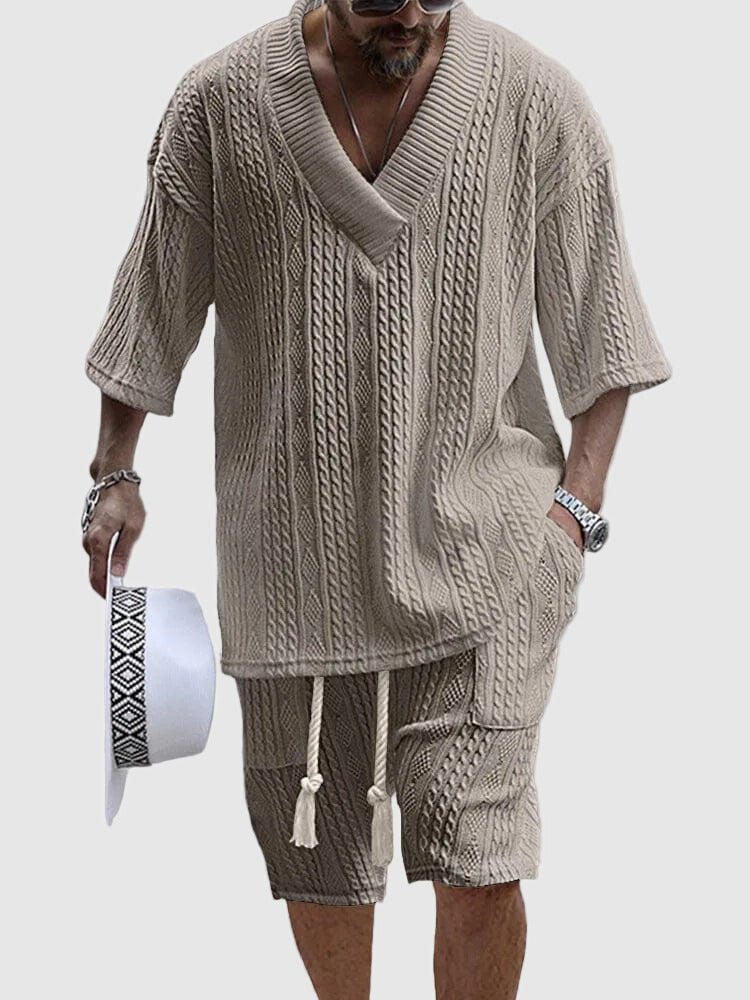 Men's cable knit V-neck shirt and shorts set