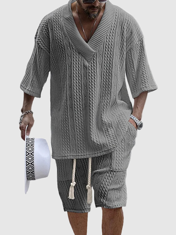 Men's cable knit V-neck shirt and shorts set