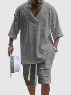 Men's cable knit V-neck shirt and shorts set