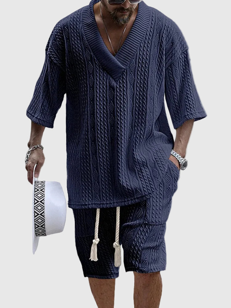 Men's cable knit V-neck shirt and shorts set