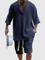 Men's cable knit V-neck shirt and shorts set