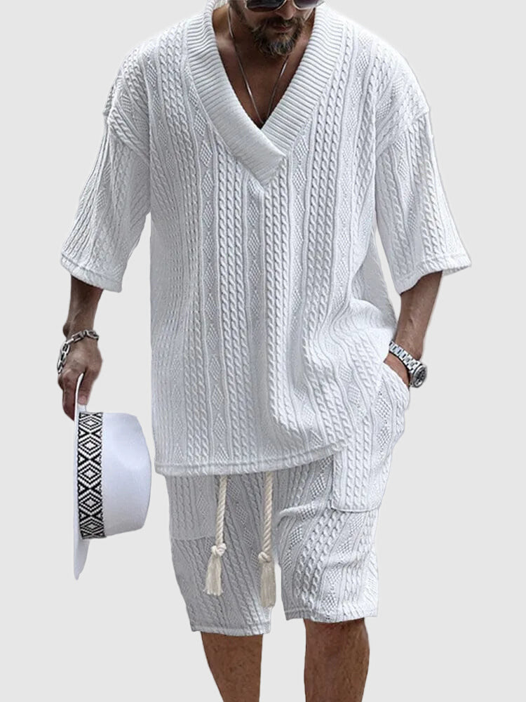Men's cable knit V-neck shirt and shorts set