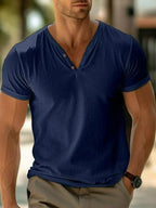 Men's short-sleeve V-neck Henley shirt with button placket