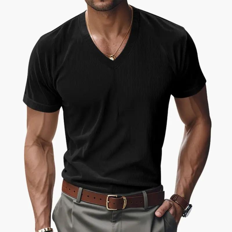 Men's ribbed V-neck T-shirt with short sleeves