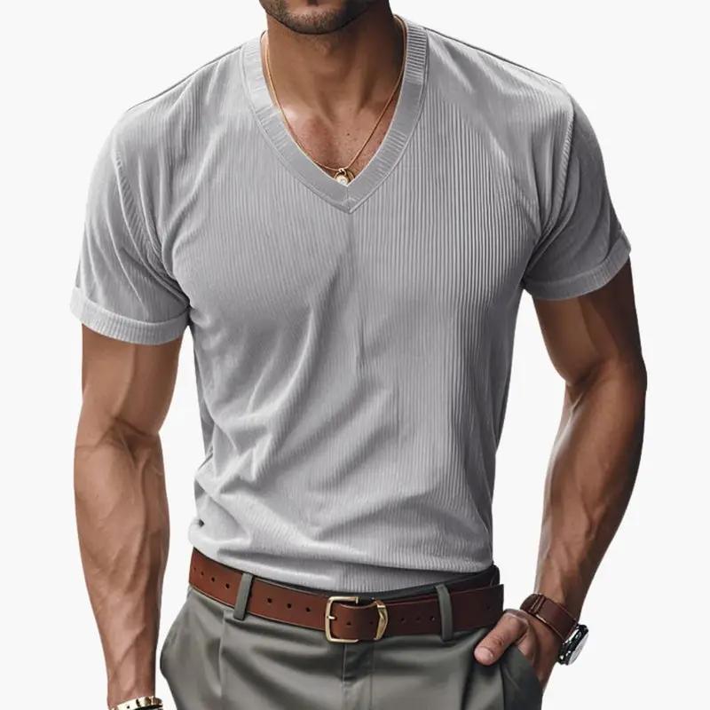 Men's ribbed V-neck T-shirt with short sleeves