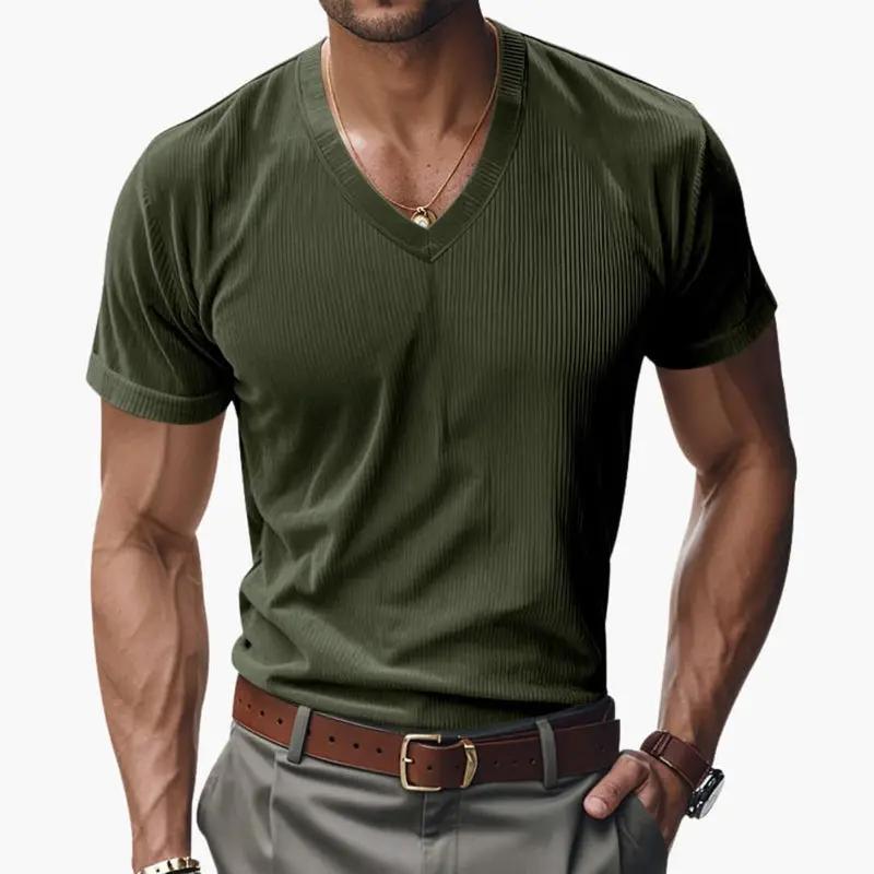 Men's ribbed V-neck T-shirt with short sleeves