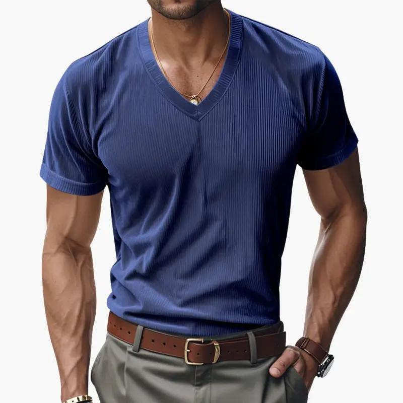 Men's ribbed V-neck T-shirt with short sleeves