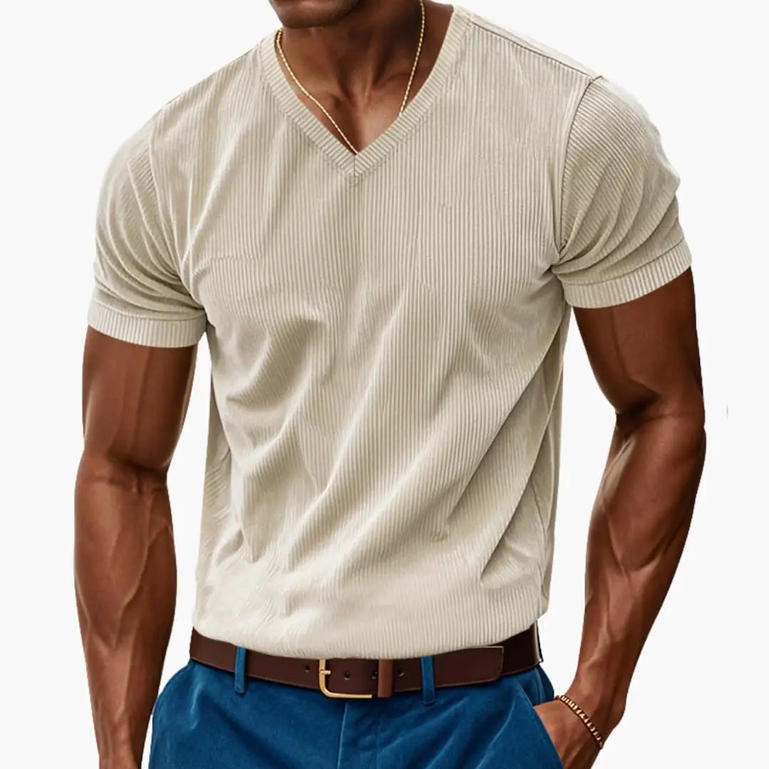 Men's ribbed V-neck T-shirt with short sleeves