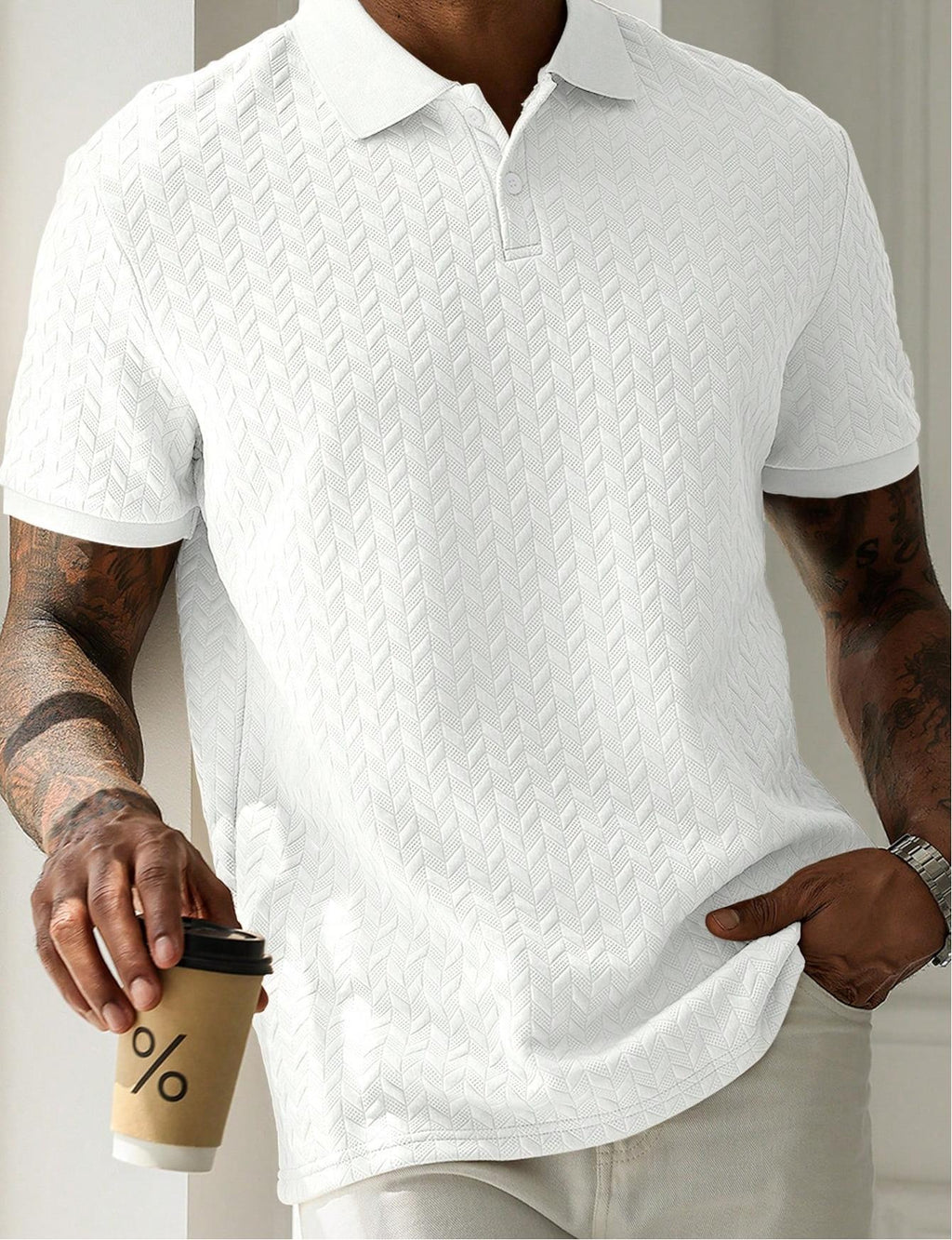 Men's textured short-sleeve polo shirt with chevron knit pattern