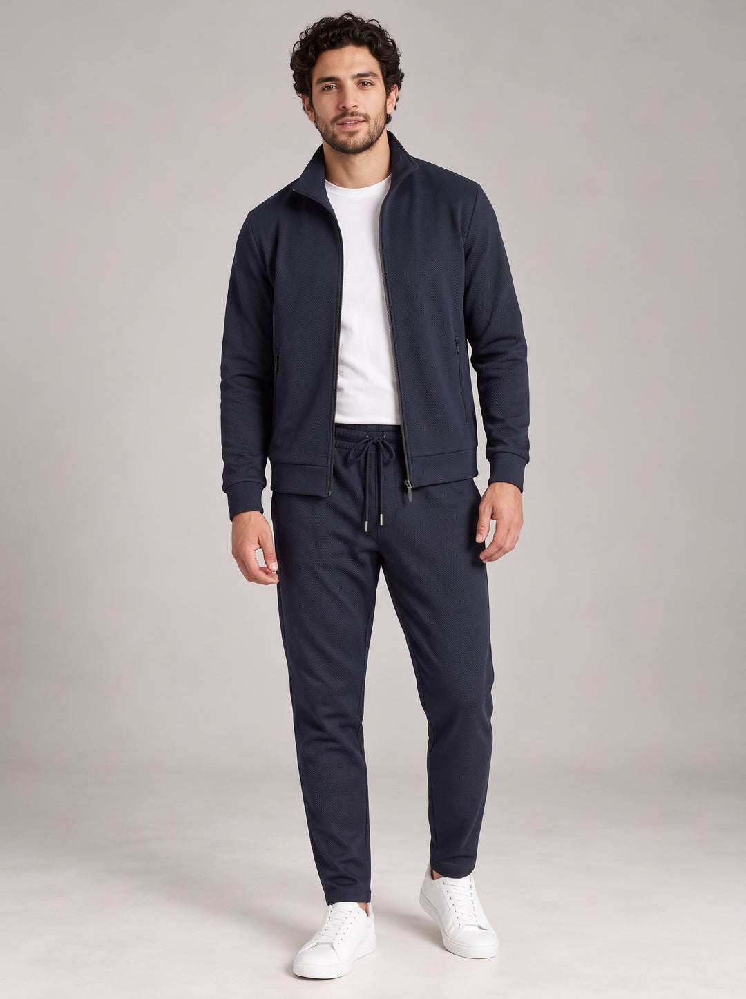 Men's Textured Zip-Up Tracksuit Set in navy