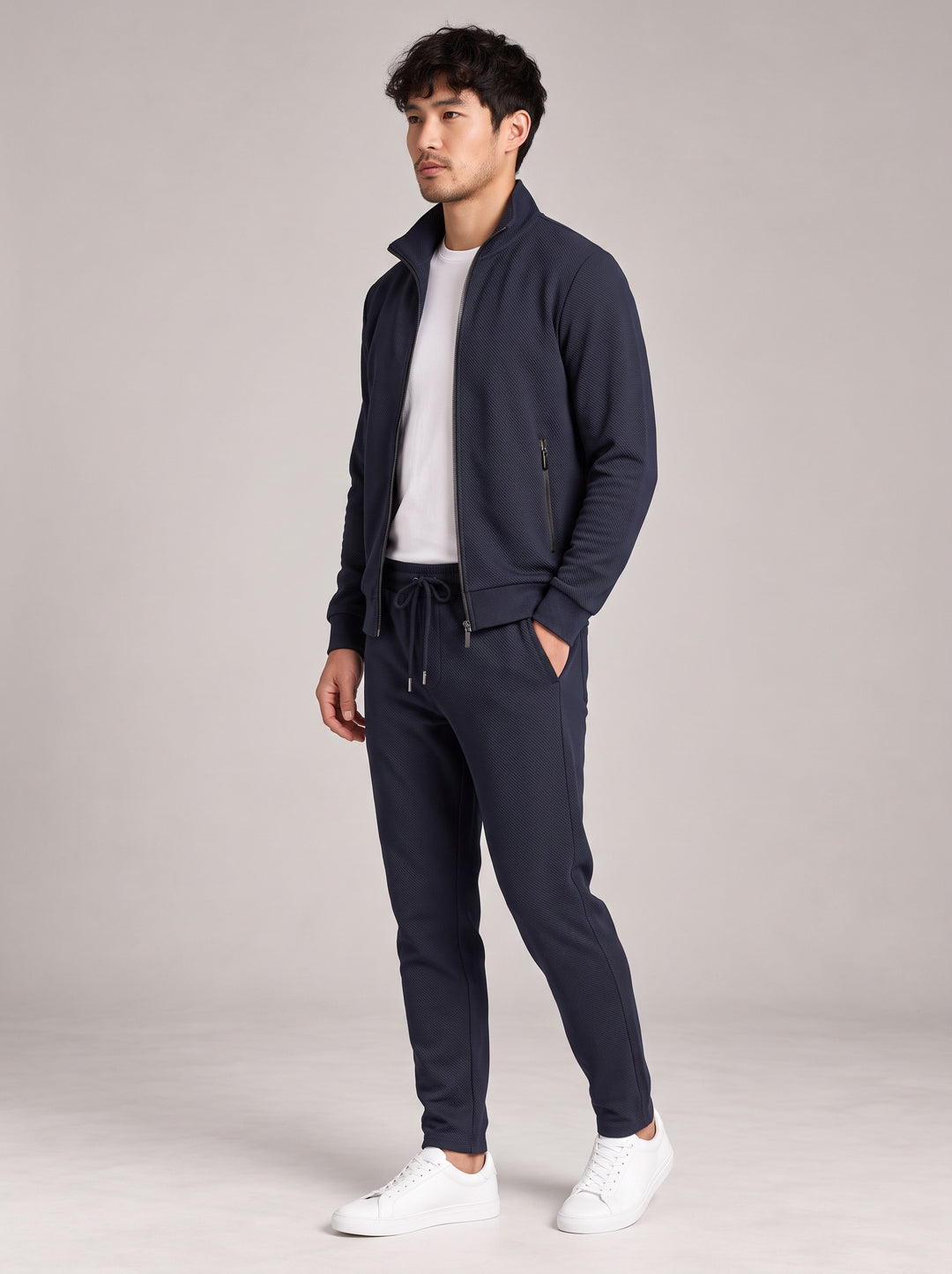 Men's Textured Zip-Up Tracksuit Set in navy