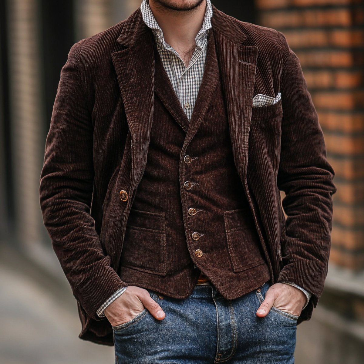 Men's ribbed corduroy blazer and matching button-front waistcoat set