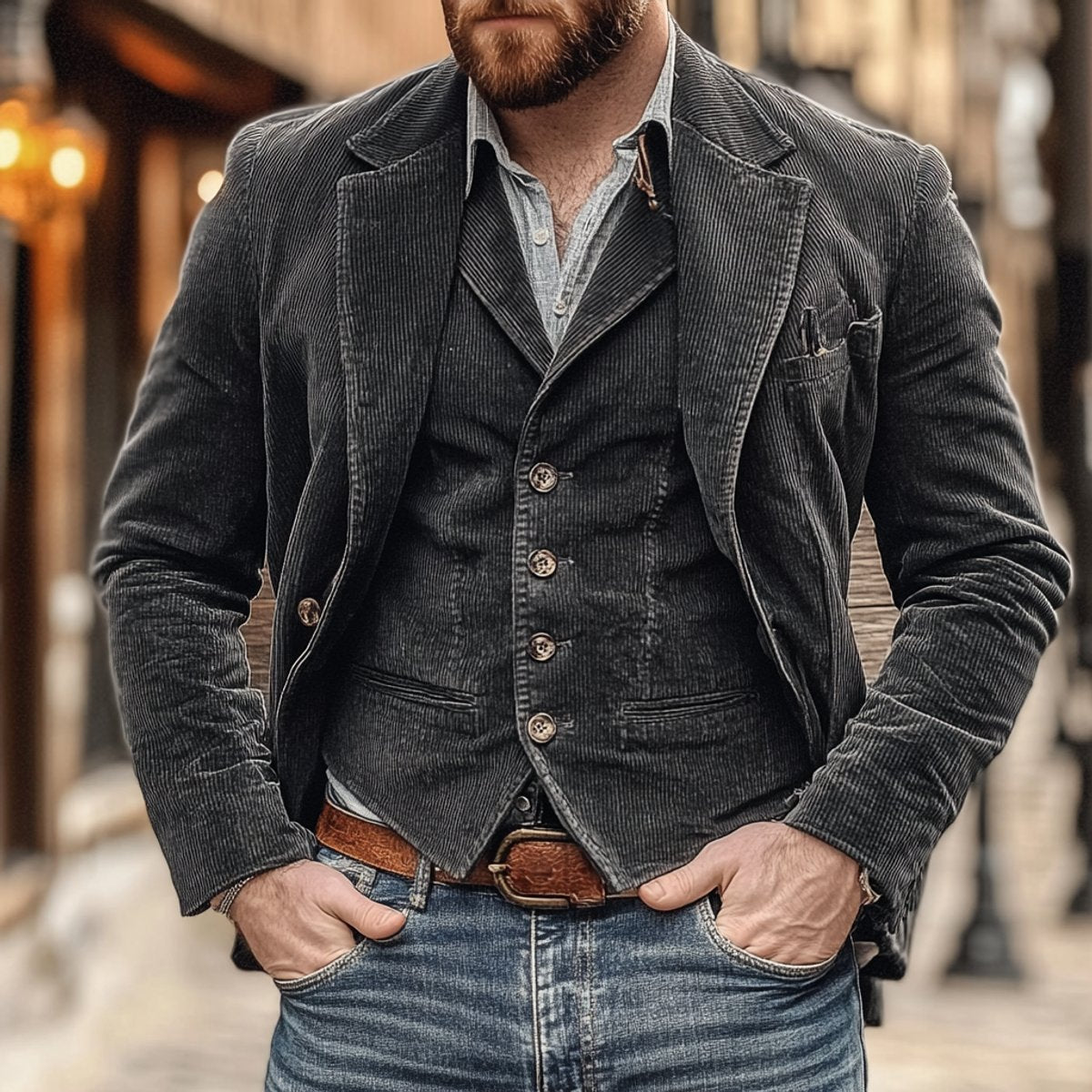 Men's ribbed corduroy blazer and matching button-front waistcoat set