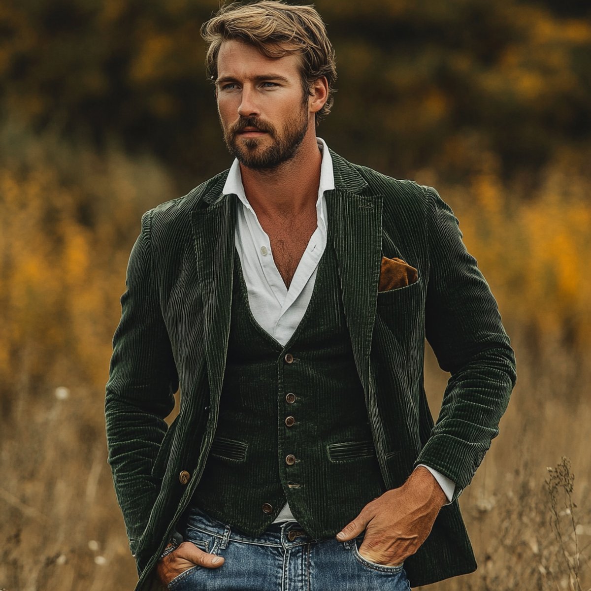 Men's ribbed corduroy blazer and matching button-front waistcoat set