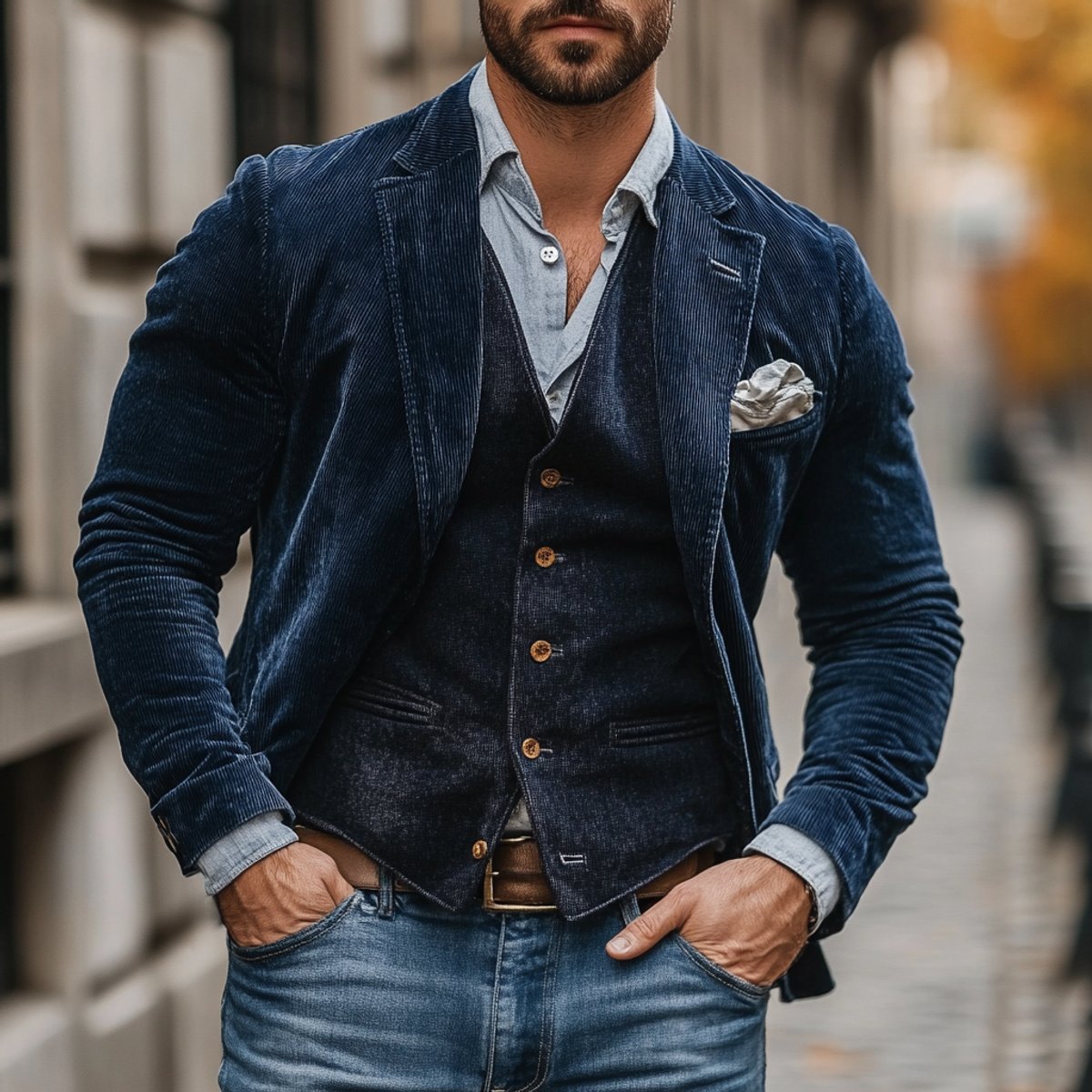 Men's ribbed corduroy blazer and matching button-front waistcoat set