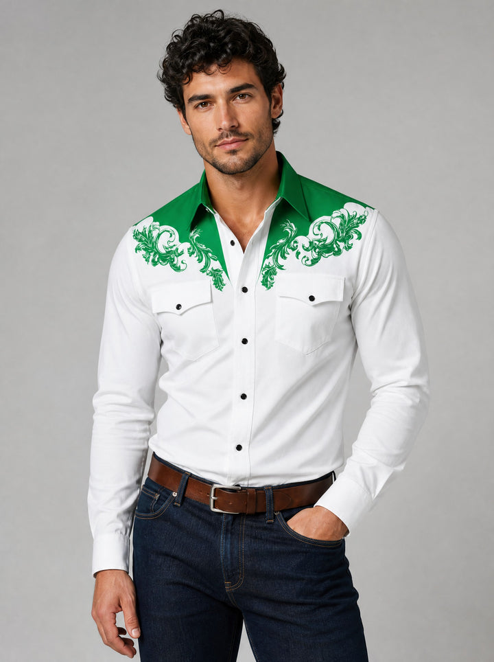 Men's Western Embroidered Shirt in green