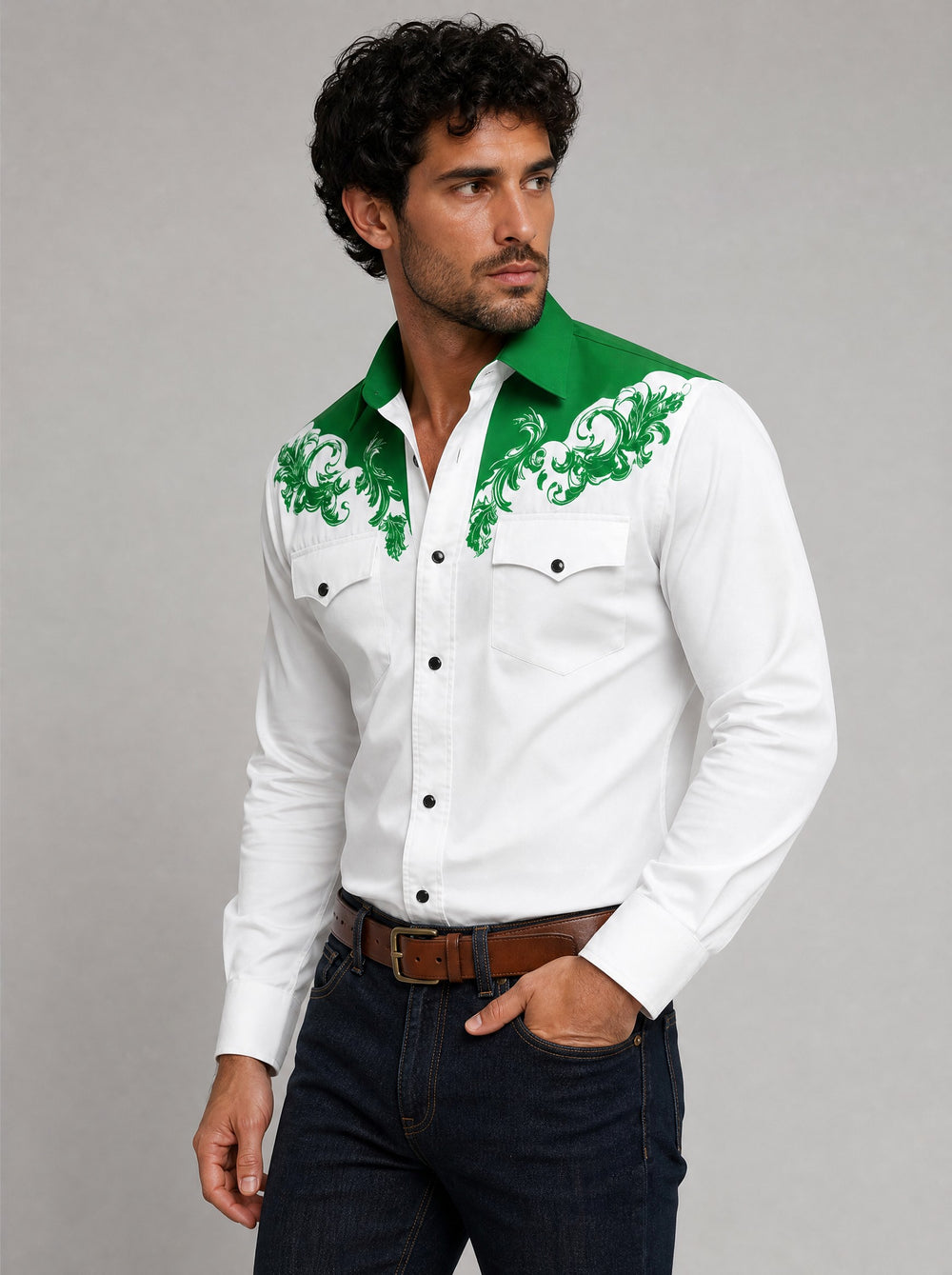 Men's Western Embroidered Shirt in green