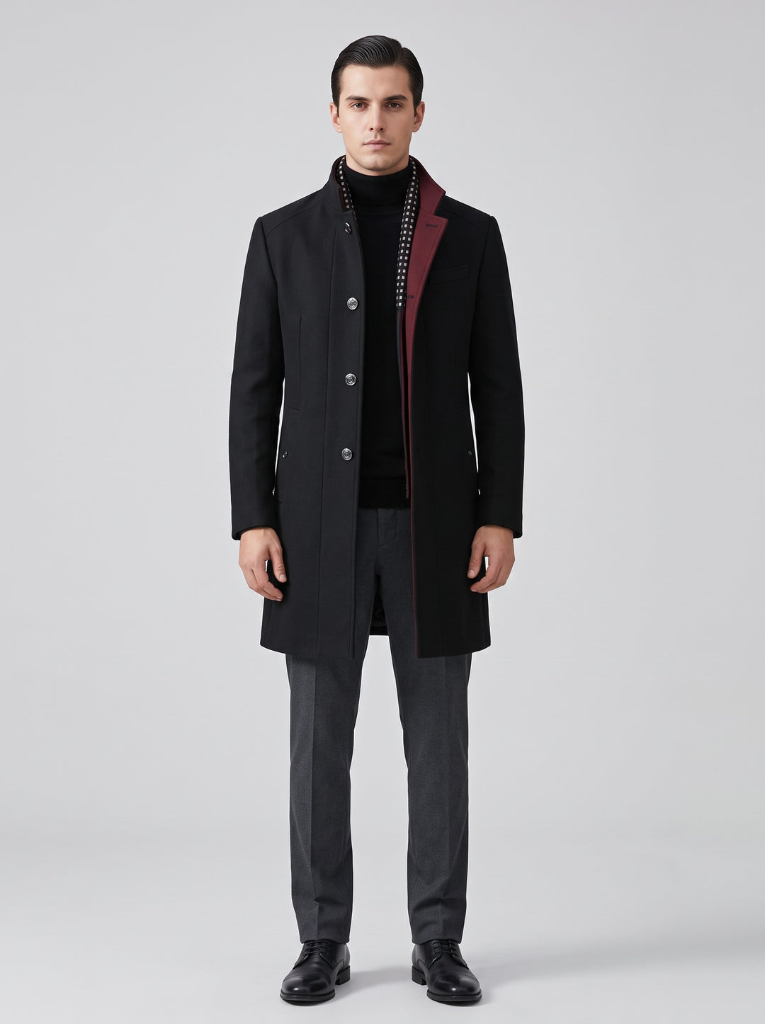 Men's Stand Collar Wool-Blend Overcoat in black