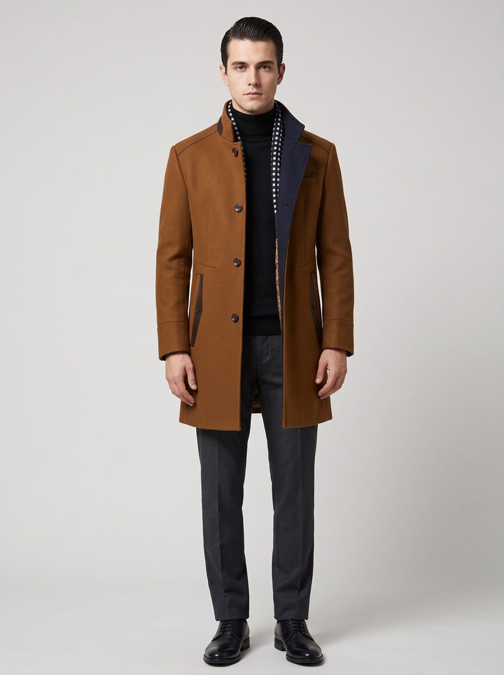 Men's Stand Collar Wool-Blend Overcoat in brown