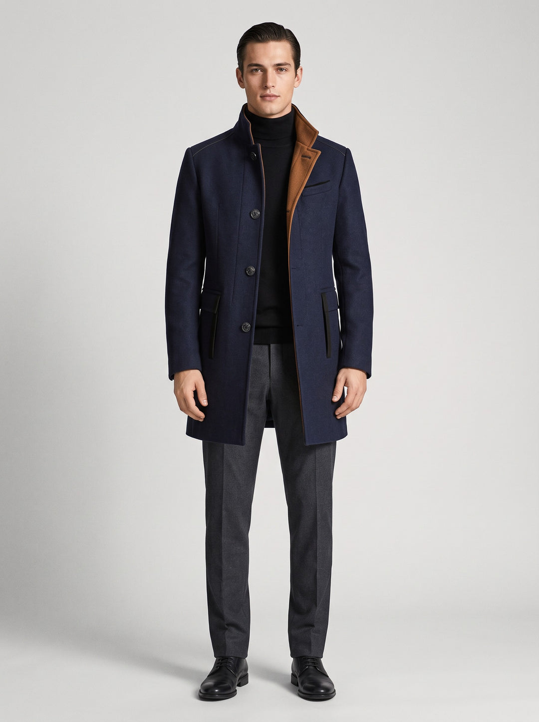 Men's Stand Collar Wool-Blend Overcoat in navy
