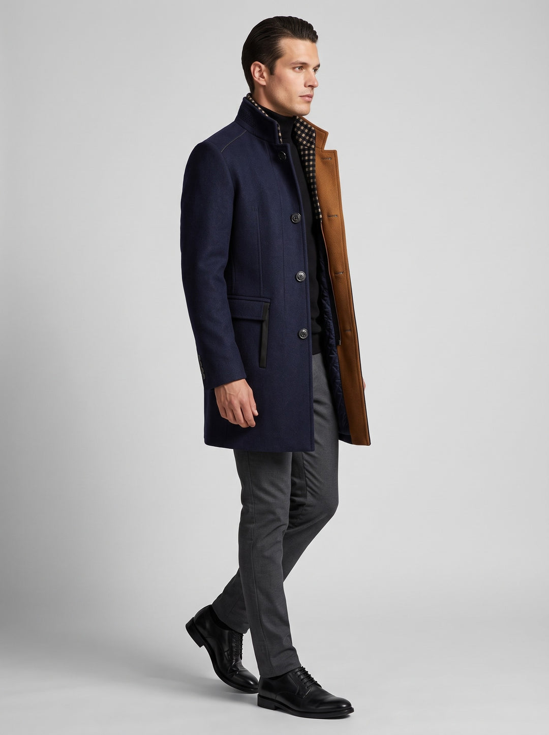 Men's Stand Collar Wool-Blend Overcoat in navy