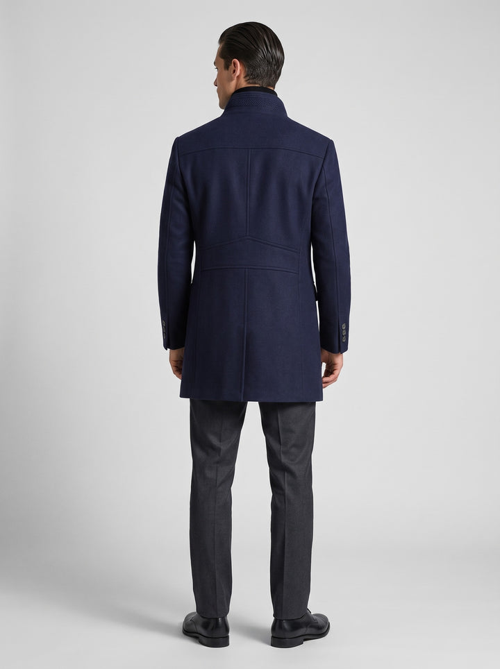 Men's Stand Collar Wool-Blend Overcoat in navy