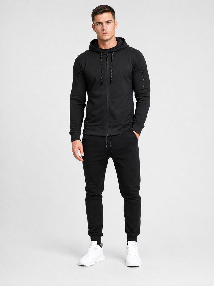 Men's Zip-Up Hooded Tracksuit Set in black