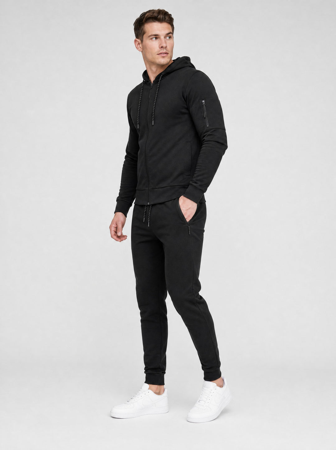 Men's Zip-Up Hooded Tracksuit Set in black