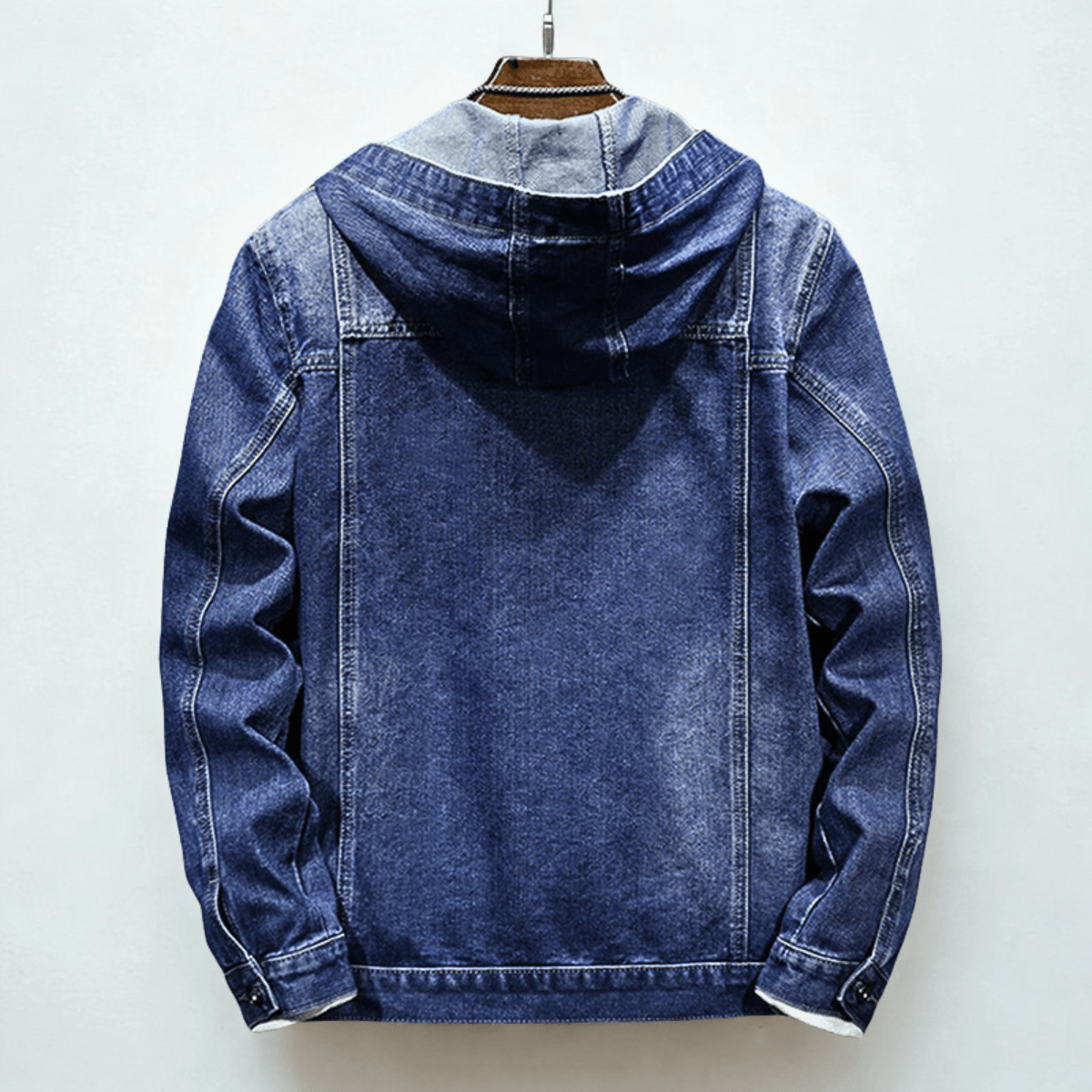 Hooded denim jacket with button front, long sleeves and four patch pockets