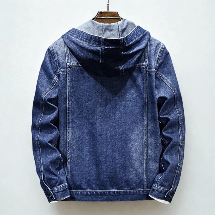 Hooded denim jacket with button front, long sleeves and four patch pockets