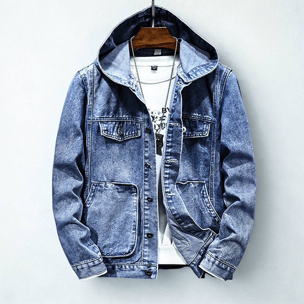 Hooded denim jacket with button front, long sleeves and four patch pockets