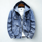 Hooded denim jacket with button front, long sleeves and four patch pockets