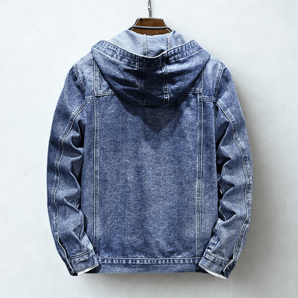 Hooded denim jacket with button front, long sleeves and four patch pockets