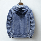 Hooded denim jacket with button front, long sleeves and four patch pockets