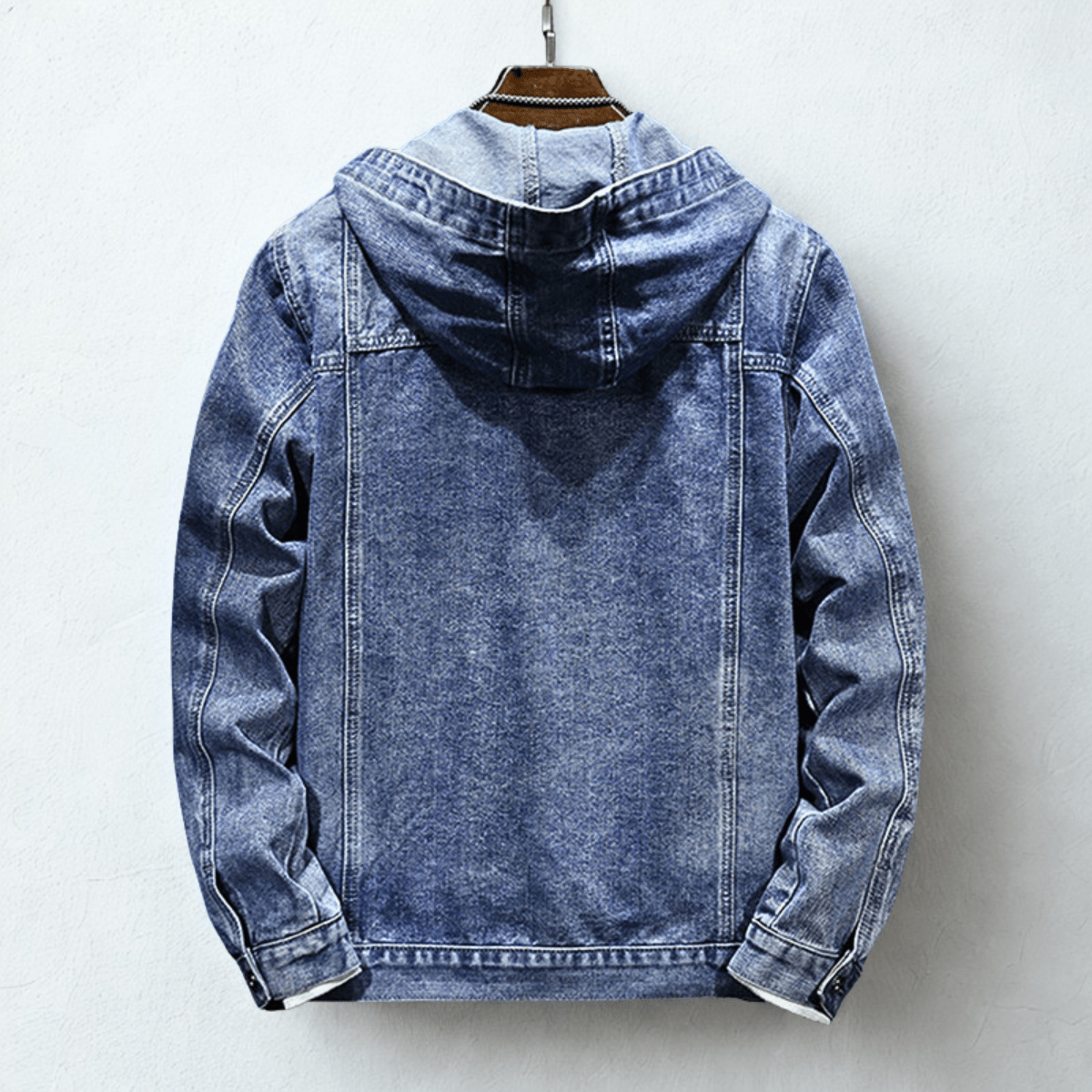 Hooded denim jacket with button front, long sleeves and four patch pockets