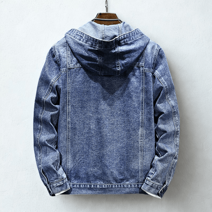 Hooded denim jacket with button front, long sleeves and four patch pockets