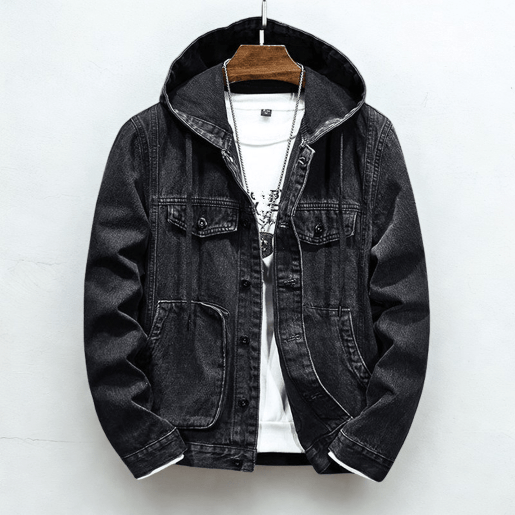 Hooded denim jacket with button front, long sleeves and four patch pockets