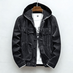 Hooded denim jacket with button front, long sleeves and four patch pockets