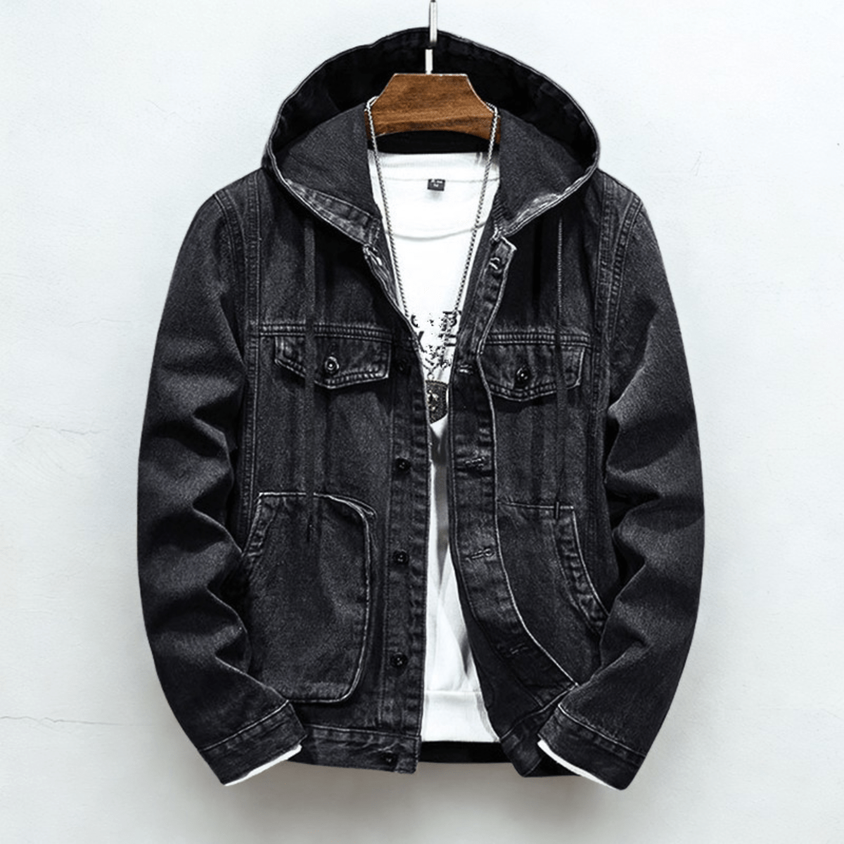 Hooded denim jacket with button front, long sleeves and four patch pockets