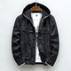 Hooded denim jacket with button front, long sleeves and four patch pockets