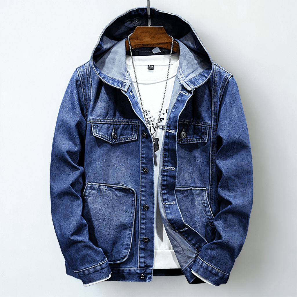 Hooded denim jacket with button front, long sleeves and four patch pockets