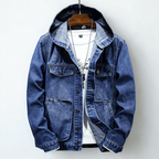 Hooded denim jacket with button front, long sleeves and four patch pockets