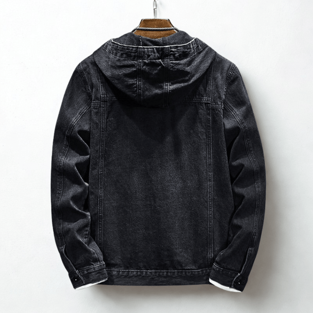 Hooded denim jacket with button front, long sleeves and four patch pockets