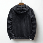 Hooded denim jacket with button front, long sleeves and four patch pockets