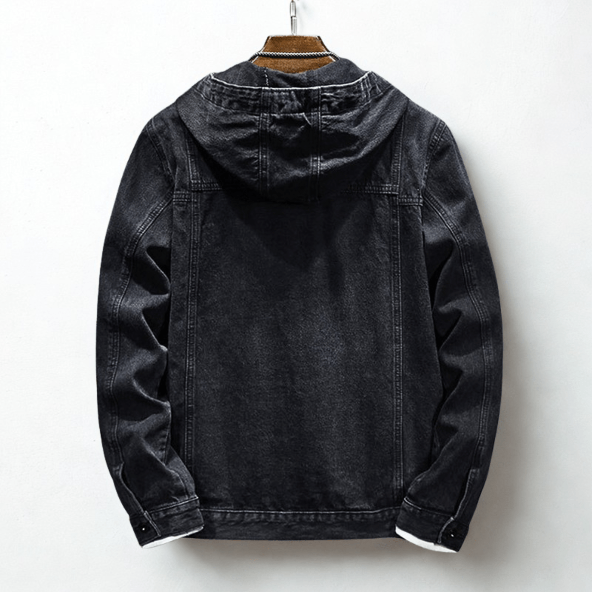 Hooded denim jacket with button front, long sleeves and four patch pockets