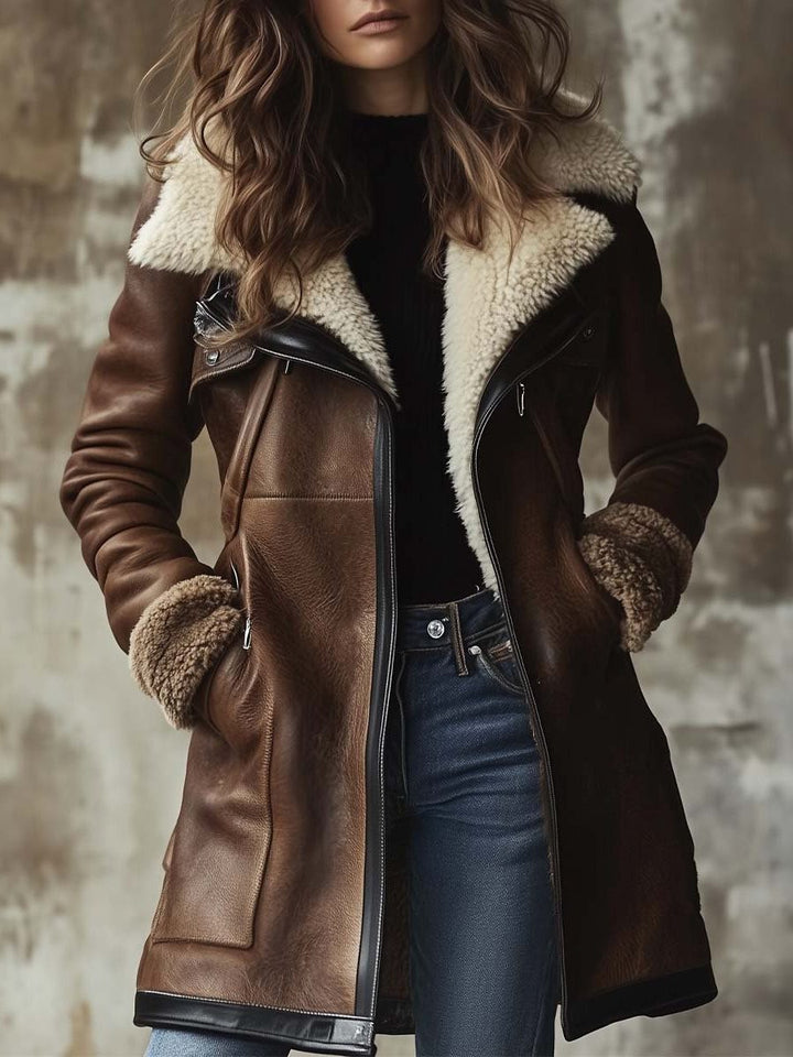 Women's Long Vintage Faux Leather Coat with Faux Fur Collar