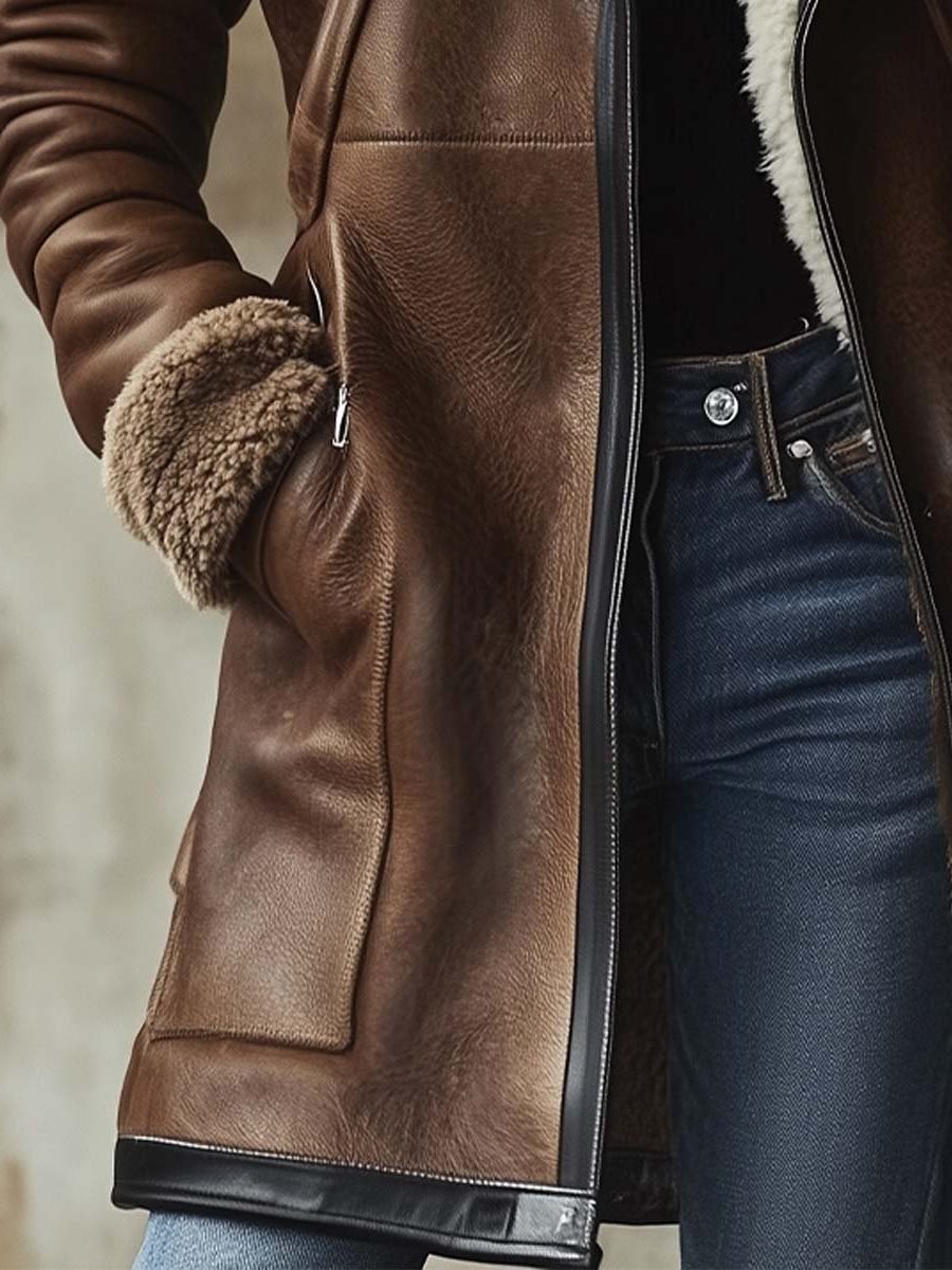 Women's Long Vintage Faux Leather Coat with Faux Fur Collar