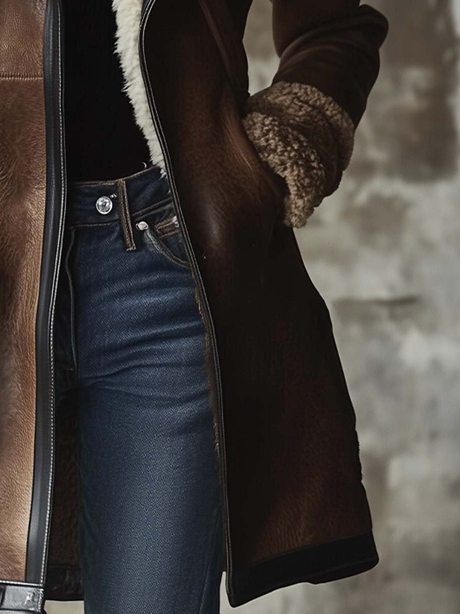 Women's Long Vintage Faux Leather Coat with Faux Fur Collar