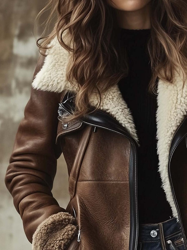 Women's Long Vintage Faux Leather Coat with Faux Fur Collar