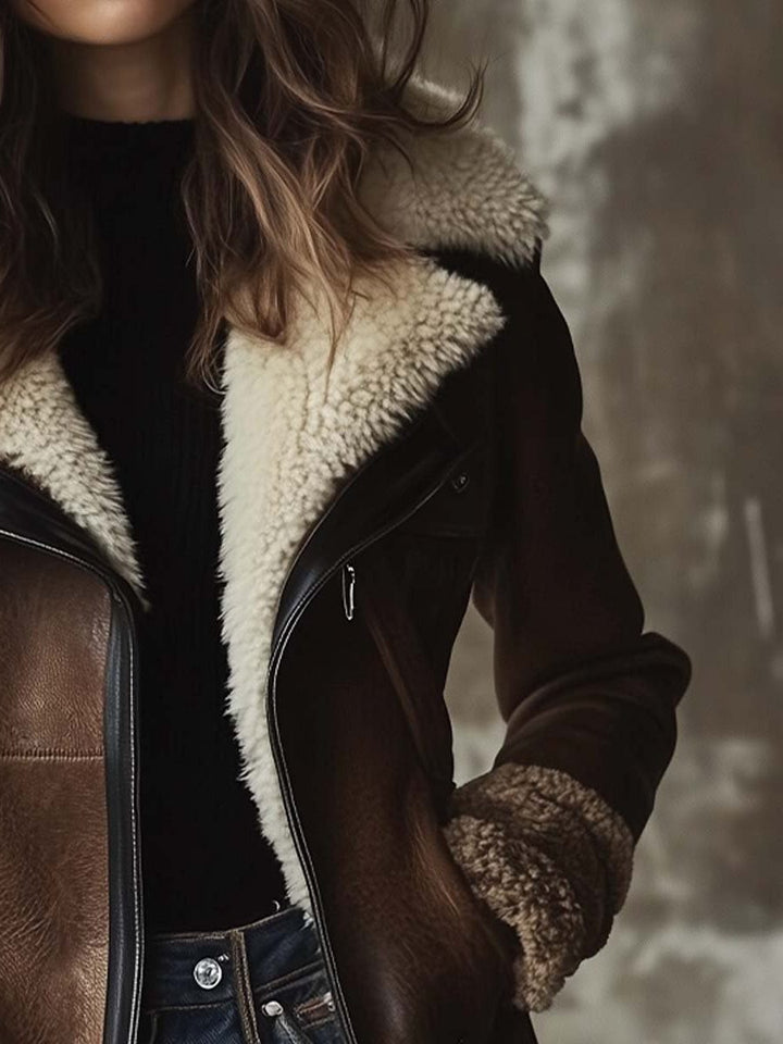Women's Long Vintage Faux Leather Coat with Faux Fur Collar